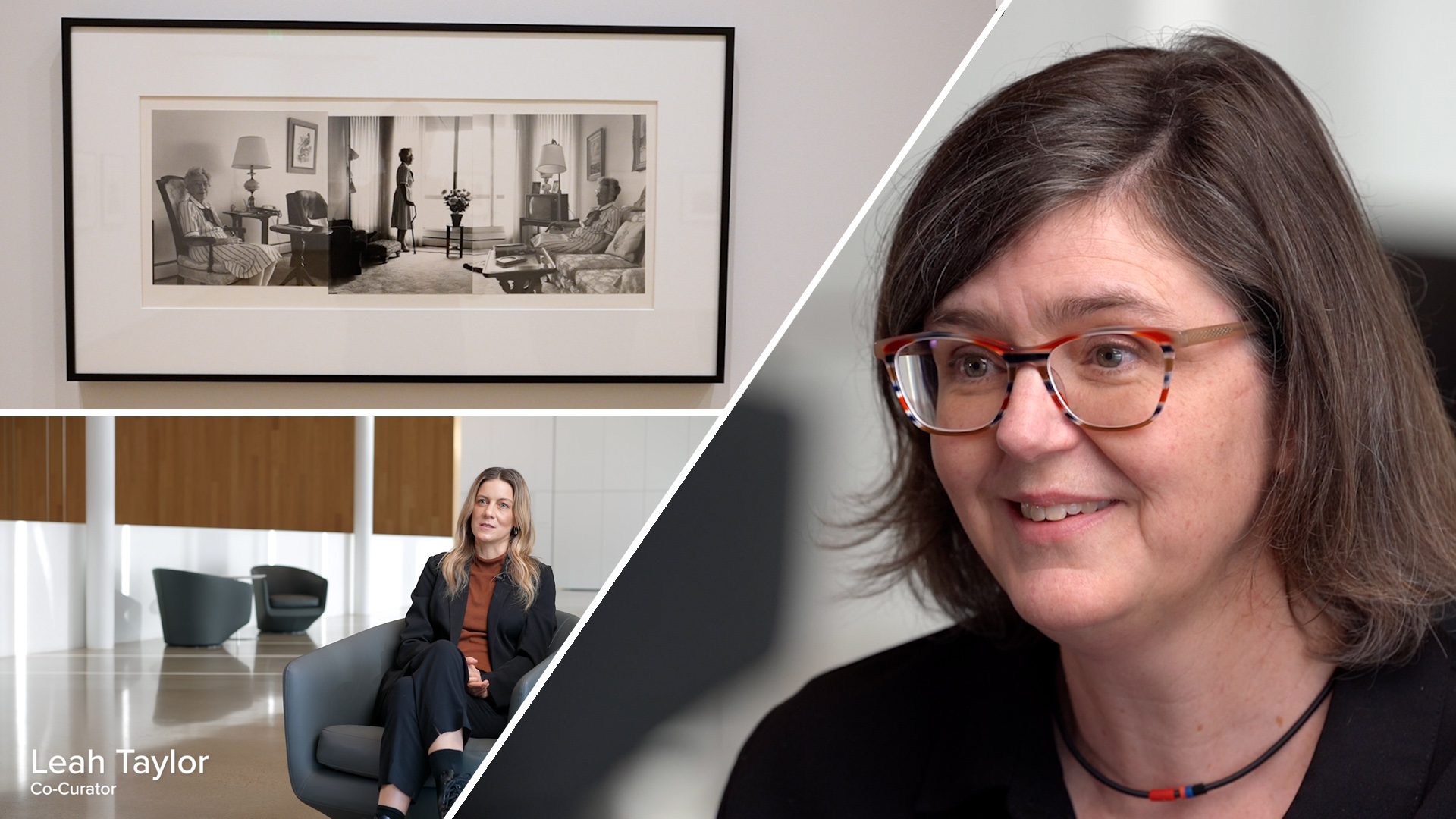 A collage image including a picture of a photograph by Thelma Pepper an image of curator Leah Taylor and and image of curator Sandra Fraser