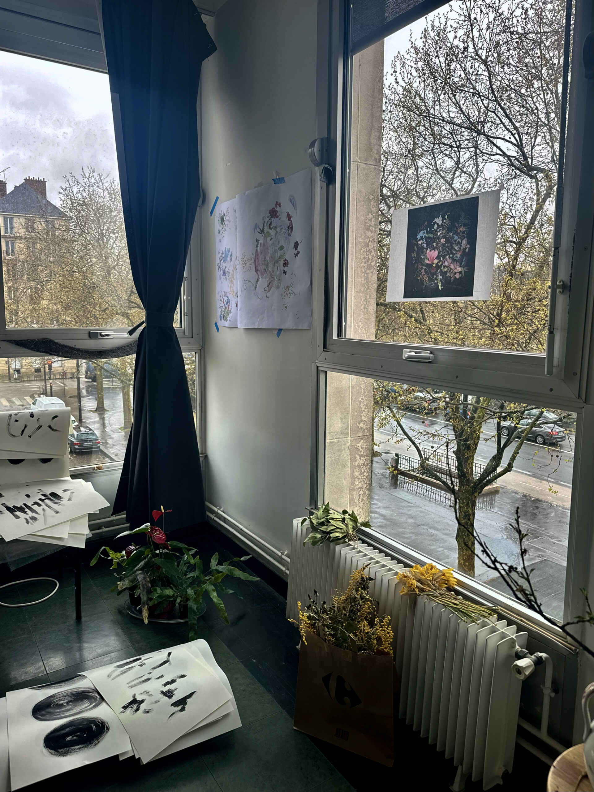 Sunlit view from an open apartment window overlooking the Seine in Paris, with Notre-Dame Cathedral and a bridge visible in the distance. Inside, a gray wall is decorated with small delicate art prints in blue, pink, and dark botanical tones, creating a quiet studio atmosphere.