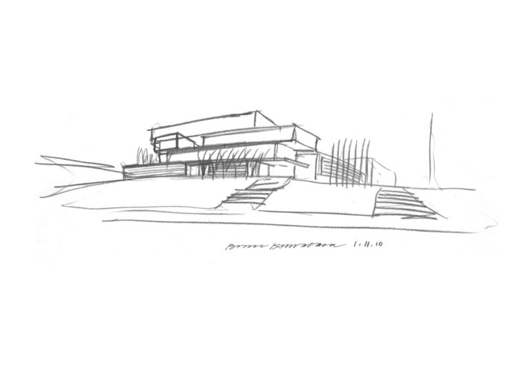 Concept sketch drawing of a modern architectural building by Bruce Kuwabara. The minimalist hand-drawn rendering shows a low-profile structure with layered horizontal forms and surrounding landscape elements, accompanied by the artist’s signature and date.